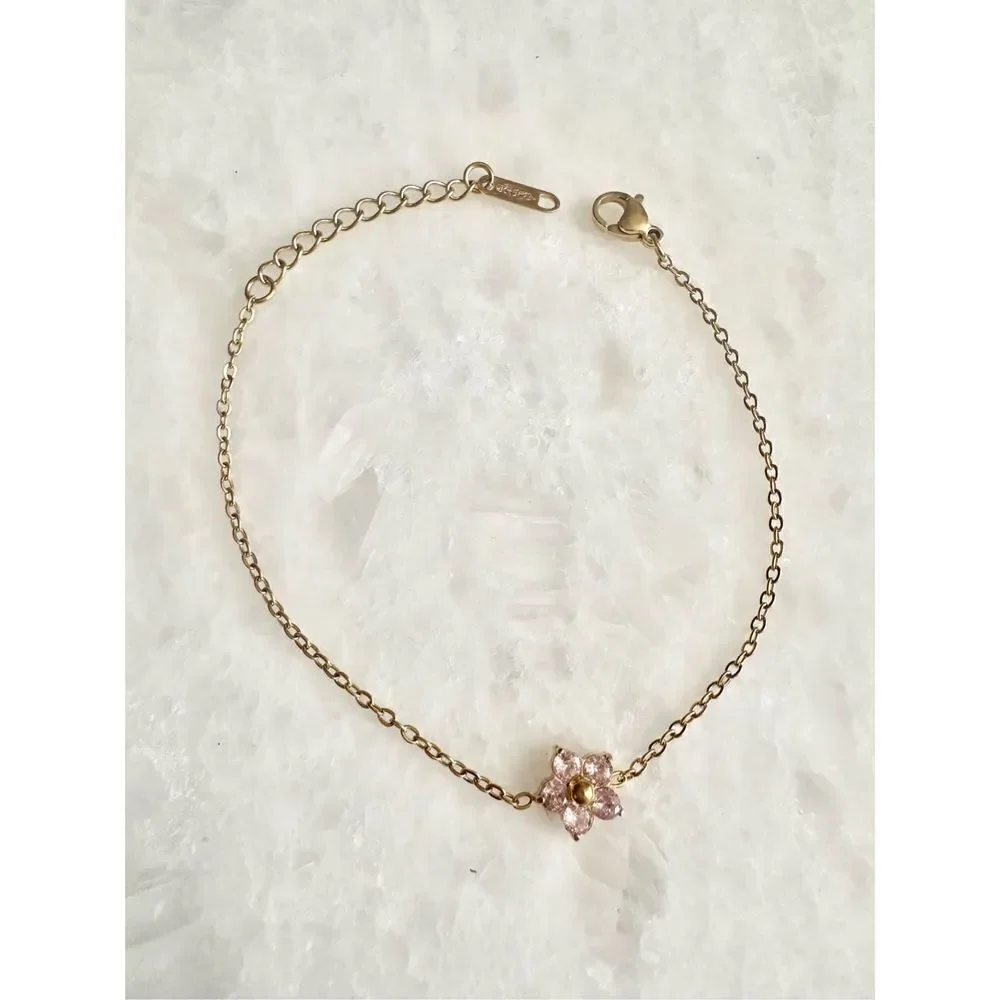 Delicate light pink cubic zirconia flower chain bracelet